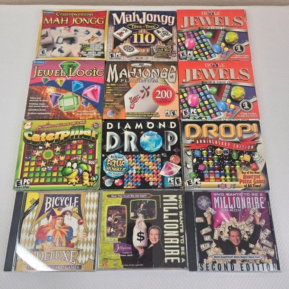 Lot Of 12 PC CD-ROM PC Puzzle Card Games Mah Jongg Jewel Logic Bicycle Millionai